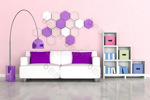 现代客房内部，<strong>粉色墙</strong>壁，白色沙发