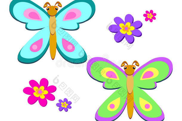 色彩斑斓的蝴蝶和花朵的混合