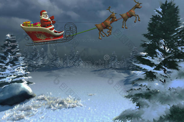 带雪橇的快乐圣诞老人