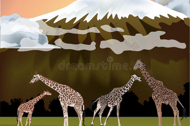 长颈鹿近山插画