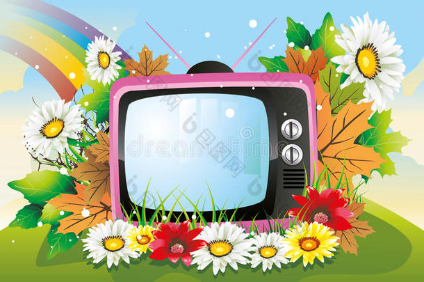 花团锦簇的复古电视插画