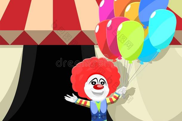 小丑站在马戏团帐篷外彩色气球