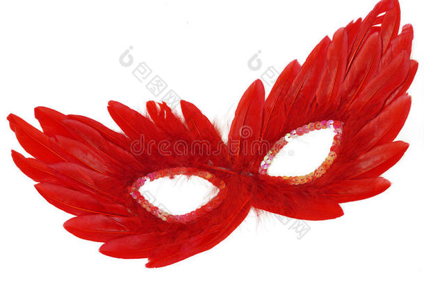 节日红色羽毛搭配亮片礼服面具