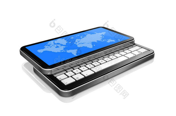 3d手机，屏幕上带有世界地图的pda