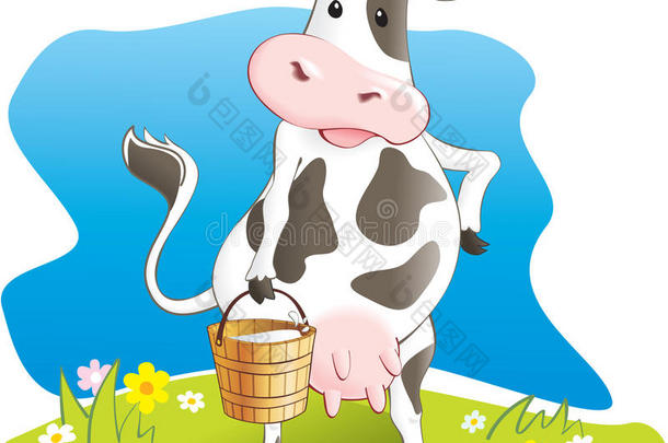 滑稽的母牛提着装牛奶的木桶
