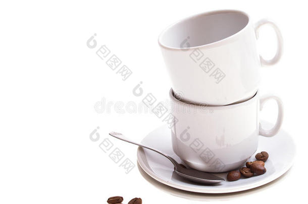 咖啡豆，咖啡杯，白色隔离