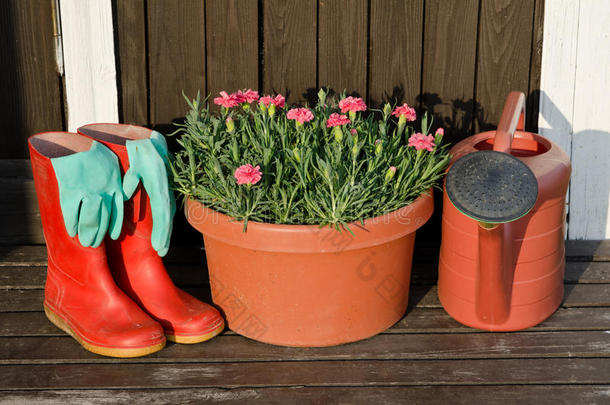 花园工具：花盆，水壶，橡胶靴