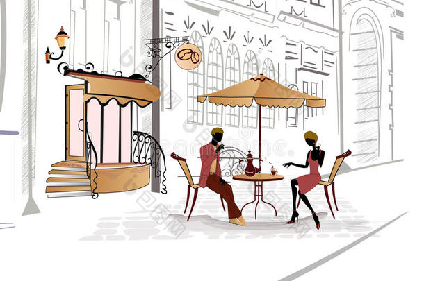 咖啡馆街道系列素描