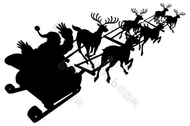 圣诞老人在他的圣诞雪橇或雪橇剪影