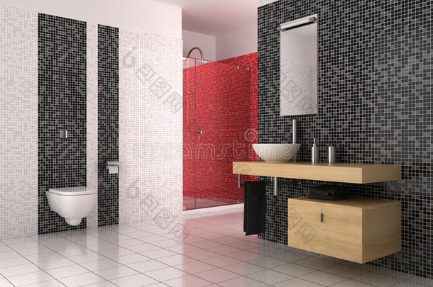 黑、红、白瓷砖现代浴室