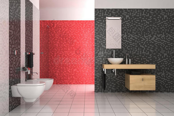 黑、红、<strong>白瓷砖</strong>现代浴室