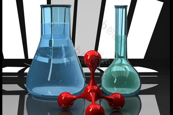 蓝色烧瓶和红色分子科学合成