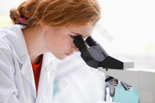 一个理科学生在看显微镜