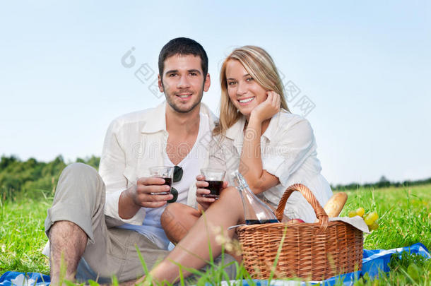 野餐年轻快乐的夫妇用酒庆祝