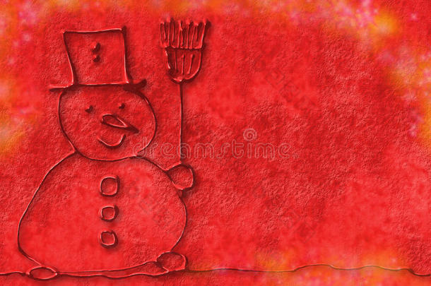 红色圣诞背景，儿童艺术雪人