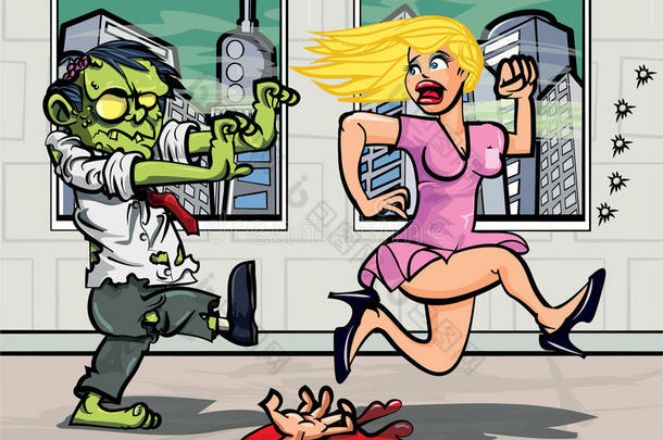 卡通僵尸办公室工作人员追逐一个女孩