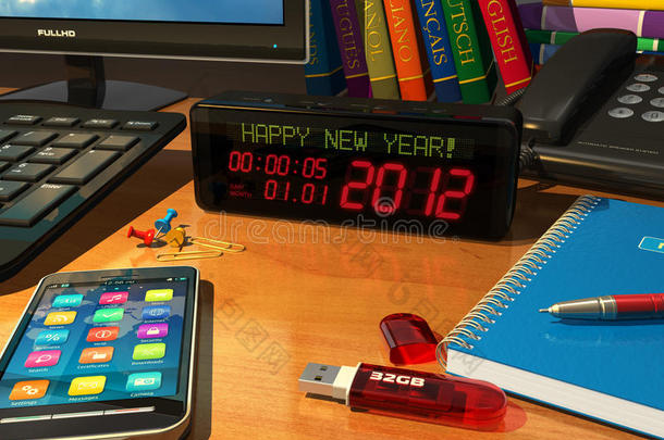 新年快乐的时钟！桌上的信息