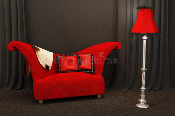 红色布艺沙发。质感弧形沙发