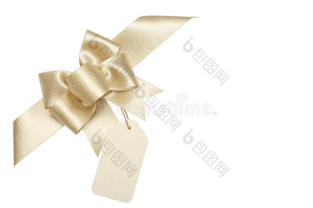 金色丝带蝴蝶结，带空白礼品标签