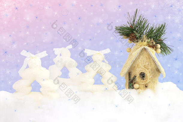 圣诞亮丽的背景和冷杉和房子