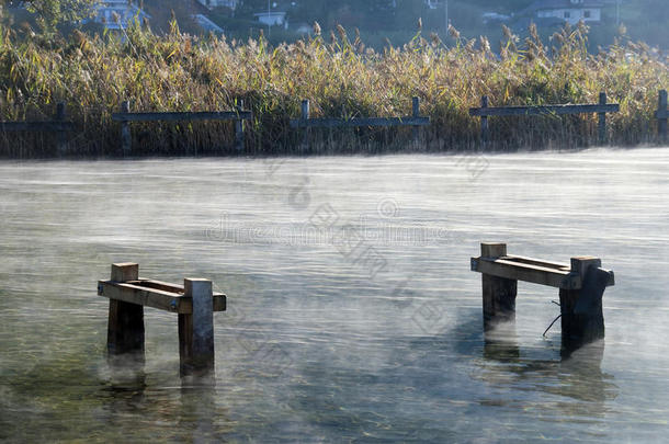 浮筒结构、芦苇和水雾