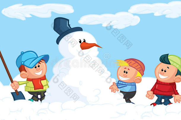 孩子们在雪地里堆雪人