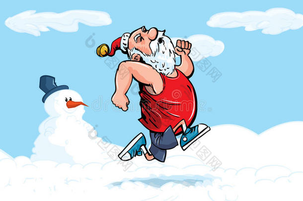 卡通圣诞老人在雪地里跑步锻炼