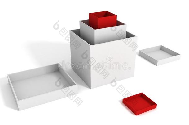 空的红色礼盒装在许多白色盒子里