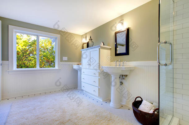豪华清新的绿色和白色现代浴室