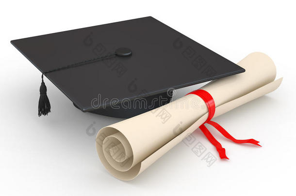 毕业典礼。毕业证和文凭。三维