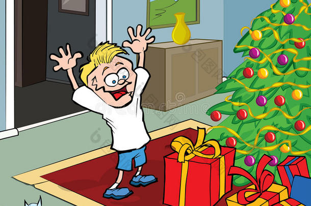 卡通小朋友在圣诞节早上打开礼物