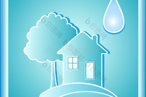 蓝色水牌，有房子和树