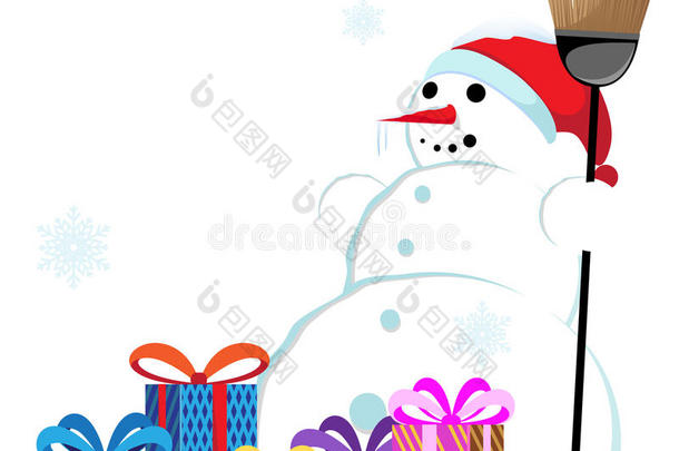 戴着红色圣诞帽拿着扫帚的雪人