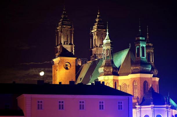 波兹南的大教堂夜晚有月亮