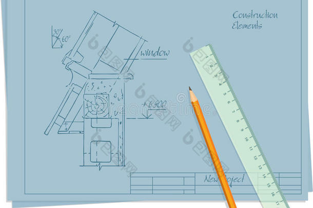 带<strong>草稿</strong>、铅笔和尺子的蓝图页