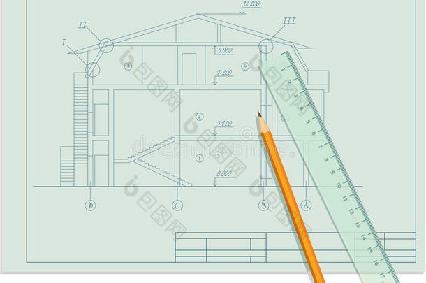 带草稿、铅笔和尺子的蓝图页