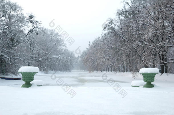 历史上的花瓶和雪地里结冰的池塘