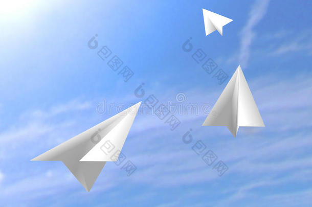 折纸白色的飞机<strong>在空中飞行</strong>
