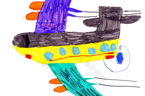 飞机。儿童纸上绘画