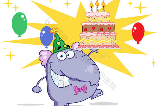<strong>大象</strong>带着生日蛋糕和气球散步