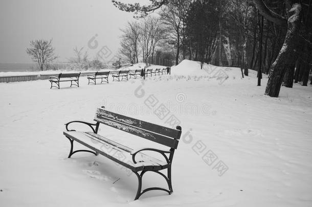<strong>冬季</strong>风景中的长椅。