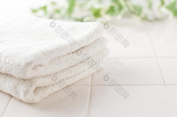 白毛巾白瓷砖绿
