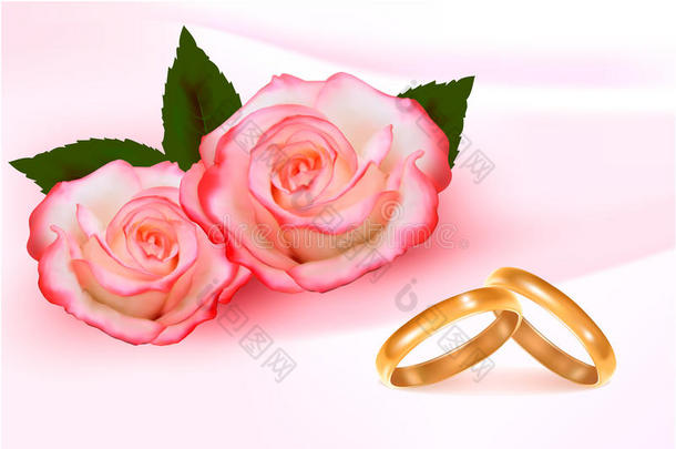 <strong>三朵</strong>粉红玫瑰前的金色结婚戒指
