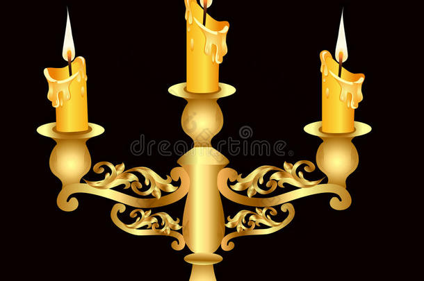 烛台黄金(EN)与三支燃烧的蜡烛