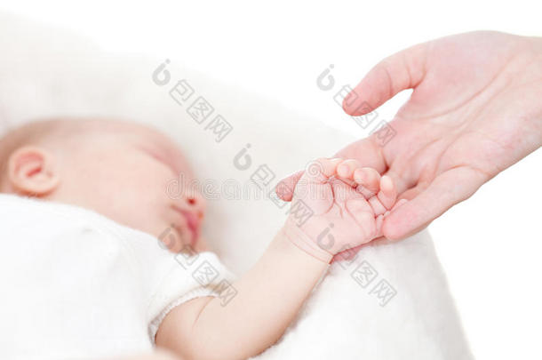 母亲的手牵着婴儿的手