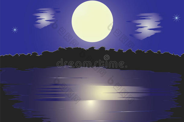 湖光月色的夜景，