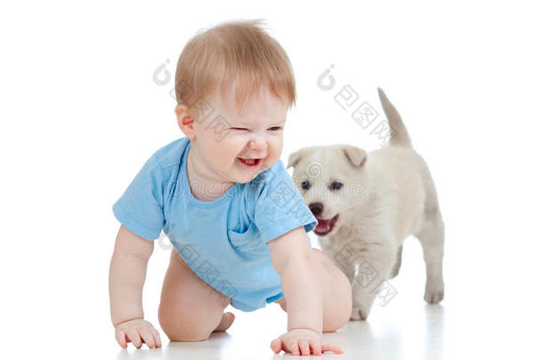可爱的孩子在玩耍，爬走一只小狗，小狗