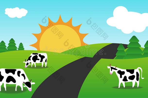 春季或夏季有奶牛的景观。
