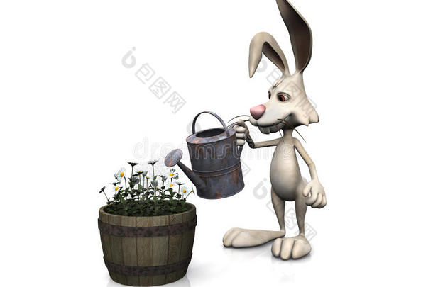 卡通兔子在浇花。
