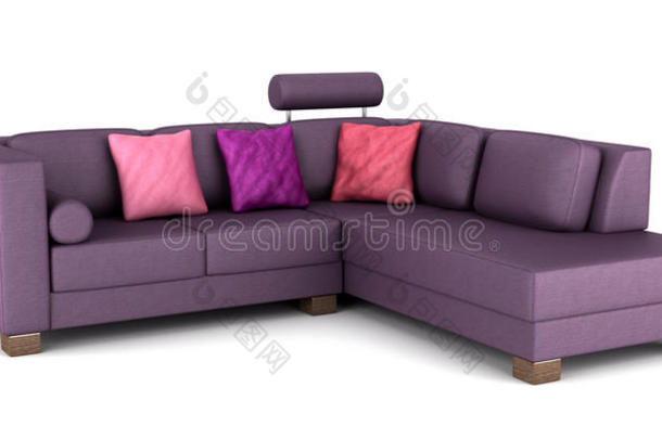 现代紫色真<strong>皮沙发</strong>，独立枕头